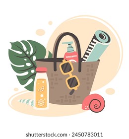 Summer time. Hot summer weather, beach items for sunbathing, walking, weekend holiday, picnic, relaxing.Tropical vacation. Resort design with beach bag, sunscreen, lemonade, sunglasses, shells.Vector