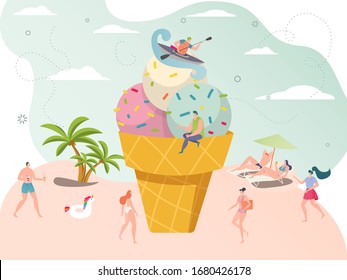 Summer time ice cream concept, tiny people enjoy vacation on seaside beach, vector illustration. Men and women cartoon characters on holiday. Giant ice cream cone, creative advertising poster symbol