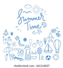 Summer time icon set isolated on white background. Outline icons of on summer season topic.