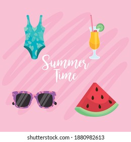 Summer time icon set on pink background design, vacation and tropical theme Vector illustration