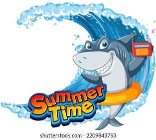 Summer time icon with shark cartoon character illustration