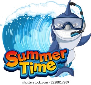 Summer time icon with shark cartoon character illustration