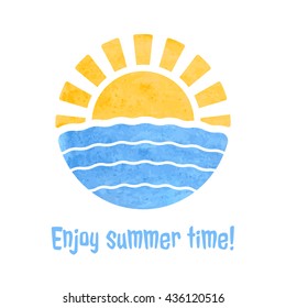 Summer time icon with sun and sea, watercolor style fill, vector illustration graphic