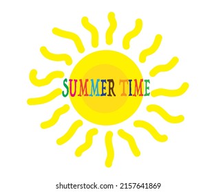 Summer time icon. Sunne with colourful text. Vector.