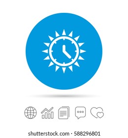 Summer time icon. Sunny day sign. Daylight saving time symbol. Copy files, chat speech bubble and chart web icons. Vector