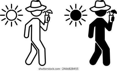 Summer Time icons. Black and White Vector Icons. Man in Beach Hat Drinks Refreshing Cocktail. Vacation and Travel Concept