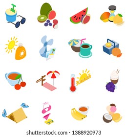 Summer time icons set. Isometric set of 16 summer time vector icons for web isolated on white background