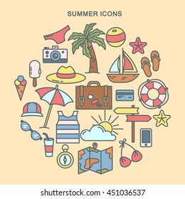 Summer Time Icons Set with Palm, Map and Swim Accessories. Travel Background. Vector illustration