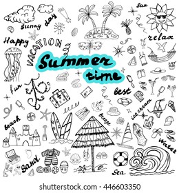 Summer Time. Ideal Sketch icons for your holiday design. The hand drawn collection of elements, signs, symbols about travel. Art doodle decoration isolated objects. Tropical trip. Vector illustration.