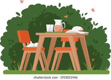 Summer time Idyllic seating in the garden with lemonade and sleeping cat. Home garden and cute exterior design. Vector flat illustration.