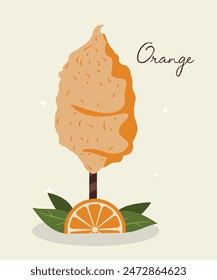 Ilustración de verano con algodón de caramelo en un palo en sabor naranja