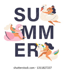 Summer time illustration card with pin up girl swimming on animal float circle in ocean waves with calligraphy. Summer party.