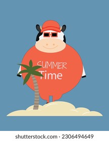 Summer Time Illustration with Cow and Palm Beach
