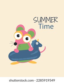 Summer Time Illustration with a cute flat design Mouse with a Rubber Ring