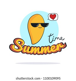 Summer Time illustration. Cute mango cartoon character on white. Vintage postcard, Healthy food concept