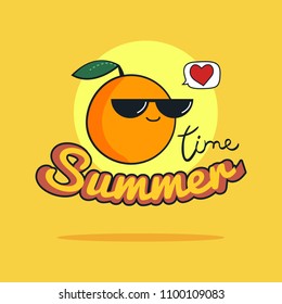 Summer Time illustration. Cute orange cartoon character on yellow. Vintage postcard, Healthy food concept