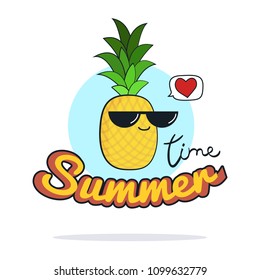 Summer Time illustration. Cute pineapple cartoon character on white. Vintage postcard, Healthy food concept
