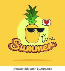 Summer Time illustration. Cute pineapple cartoon character on yellow. Vintage postcard, Healthy food concept