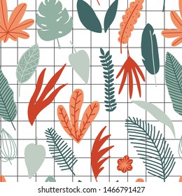 Summer time illustration. Exotic jungle  plants illustration in vector. Seamless tropical pattern with jungle leaves and palm fronds.