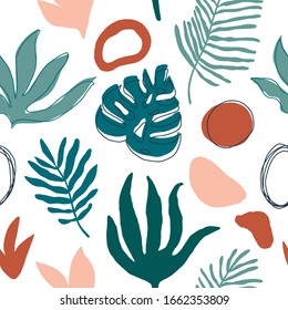 Summer time illustration. Exotic jungle  plants illustration in vector. Seamless tropical pattern with jungle leaves and palm fronds.