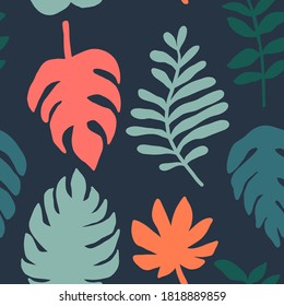 Summer time illustration. Exotic jungle plants illustration in vector. Seamless tropical pattern with jungle leaves and palm fronds.
