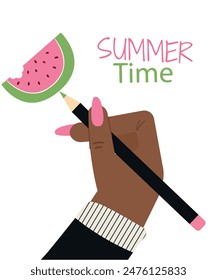  Summer Time Illustration Hand Writing at Pencil with Watermelon