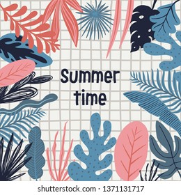 Summer time illustration. Hello summer tropical banner with jungle leaves and palm fronds.