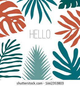Ilustración de la hora de verano. Pancarta tropical de verano Adiós con hojas de selva y frondas de palmera. Ilustración de plantas exóticas en el vector.