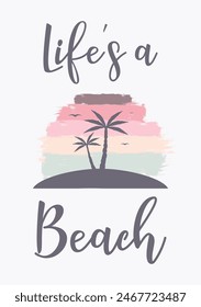 summer time illustration. Palm, beach and sunset. Vector background