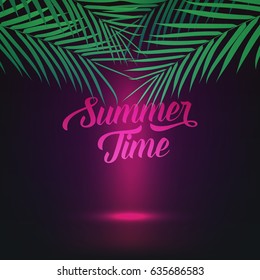 Summer Time illustration with palms and smooth glowing light. Card for summer party, camp, sale etc.