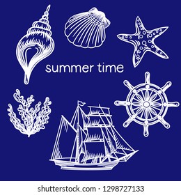 Summer time illustration with sailboat,  starfish, seashells, sea weed and steering wheel ship.