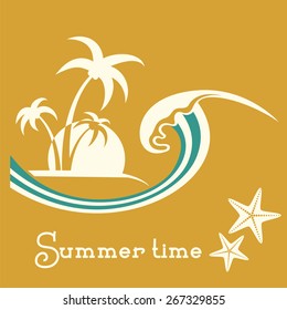 Summer time illustration with sea wave and tropical palm trees.Vector background for text