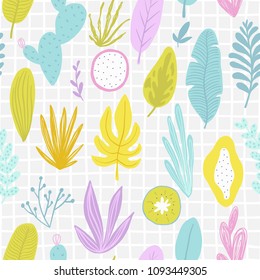 Summer time illustration. Seamless tropical pattern with jungle leaves and palm fronds.
