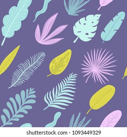 Summer time illustration. Seamless tropical pattern with jungle leaves and palm fronds.