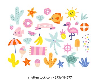 Summer time illustration set. Flamingo, fish, shell, palm tree and ice cream elements isolated on white background