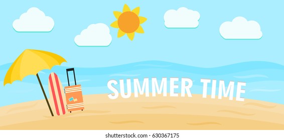 Summer Time Illustration: umbrella, clouds, sea, waves, sand, surfing board and suitcase