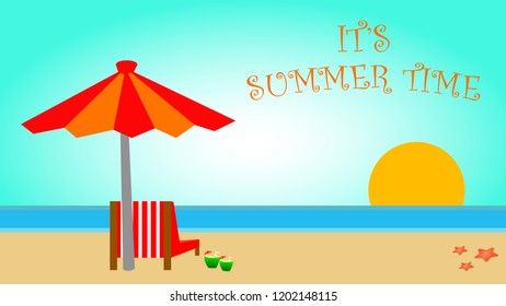 summer time illustration vector banner with beach scene in blue white background gradient