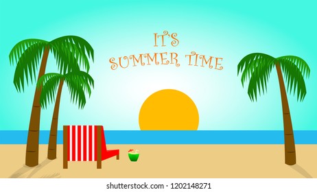 summer time illustration vector banner with beach scene in blue white background gradient
