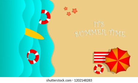 summer time illustration vector banner with beach scene in blue white background gradient