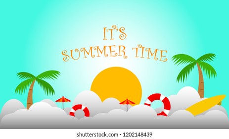summer time illustration vector banner with beach scene in blue white background gradient