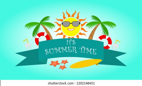 summer time illustration vector banner with beach scene in blue white background gradient