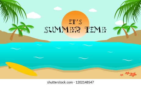 summer time illustration vector banner with beach scene in blue white background gradient