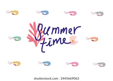 Summer time illustration, summer vector icons, sea fish vector icons on a white and blue background, vector coral icons, vector shrimp icons