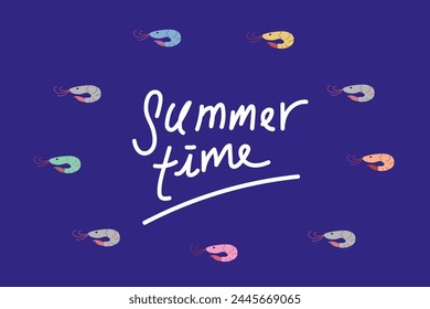 Summer time illustration, summer vector icons, sea fish vector icons on a white and blue background, vector coral icons, vector shrimp icons