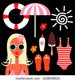 Summer time illustration. Young beautiful woman and different summer items. Cartoon character. Vector.