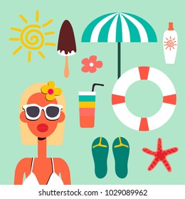 Summer time illustration. Young beautiful woman and different summer items. Cartoon character. Vector.