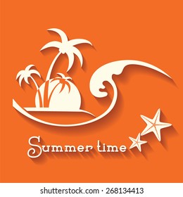 Summer time image with sea wave and tropical palm trees.Vector symbol illustration with blend effect
