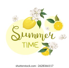 Summer time. An inscription with flowers and ripe lemons. Vector.