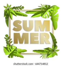Summer time inscription with green, bright and tropical leaves, isolated vector illustration