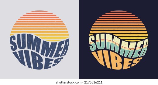 Summer time inscription or lettering written with creative cursive font and decorated with hand drawn setting sun isolated on white background. Vector illustration for t-shirt or sweatshirt print